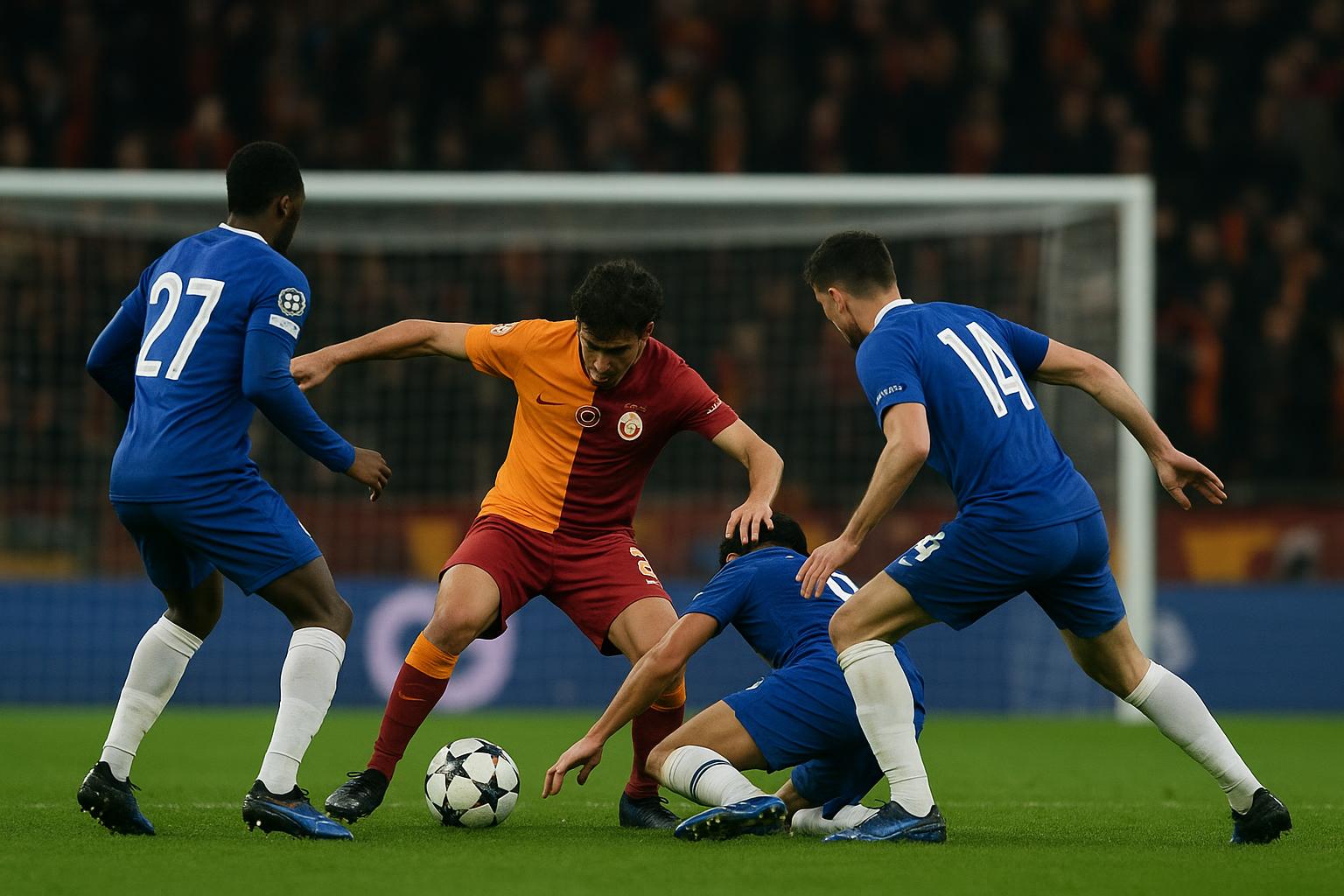 Spelmoment uit Galatasaray tegen Liverpool in de Champions League in Istanboel