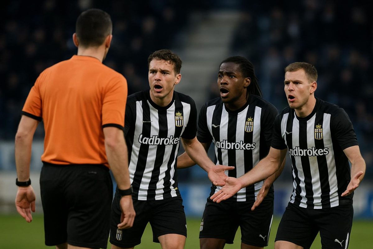 Spelers van Sporting Charleroi reageren teleurgesteld na een betwist moment tegen Club Brugge.