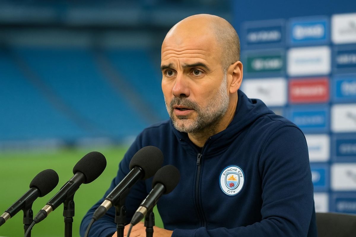 Pep Guardiola tijdens een persmoment van Manchester City in Madrid voor een duel met Real Madrid in de Champions League.