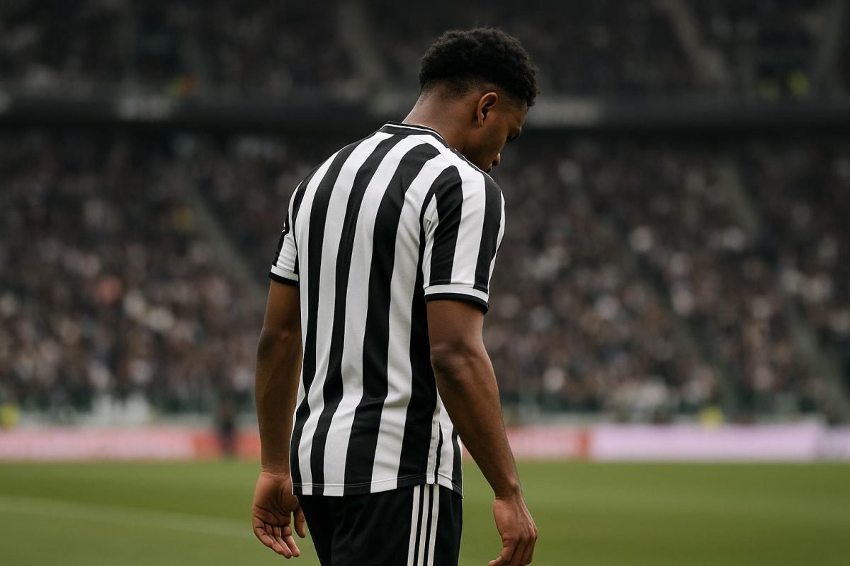 Loïs Openda in Juventus-tenue tijdens een wedstrijd, zichtbaar teleurgesteld