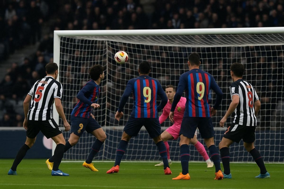 Sfeerbeeld van Newcastle tegen FC Barcelona in het stadion, met spelers rond het strafschopgebied