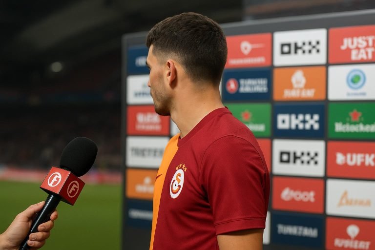 Noa Lang van Galatasaray in interviewsetting na een Champions League-wedstrijd