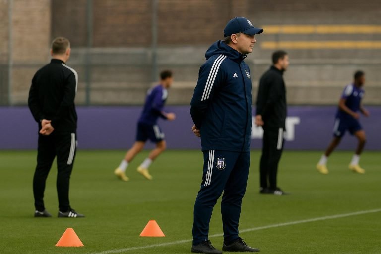Jérémy Taravel op het veld bij Anderlecht terwijl de club aan zijn staf sleutelt