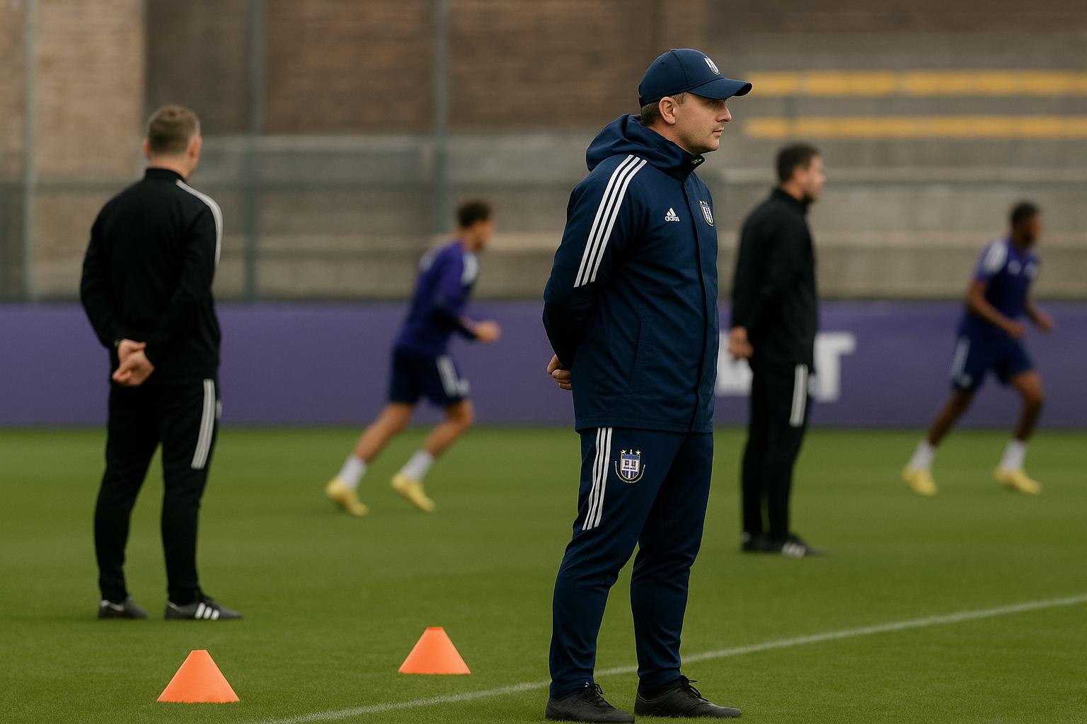 Jรฉrรฉmy Taravel op het veld bij Anderlecht terwijl de club aan zijn staf sleutelt