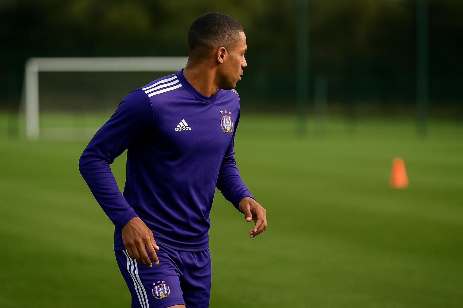 Mihajlo Ilić in trainingsoutfit van RSC Anderlecht op het oefenveld