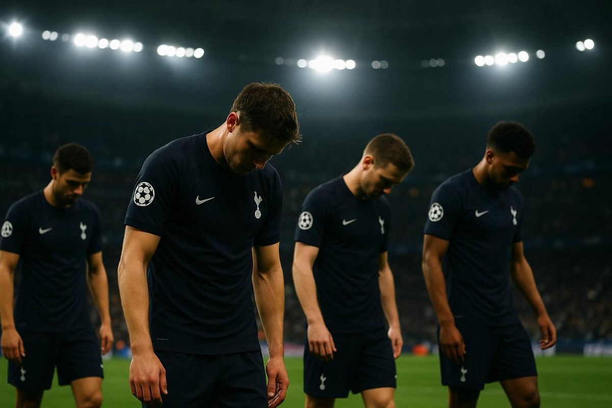 Spelers van Tottenham Hotspur druipen ontgoocheld af in een stadionomgeving bij avondlicht.