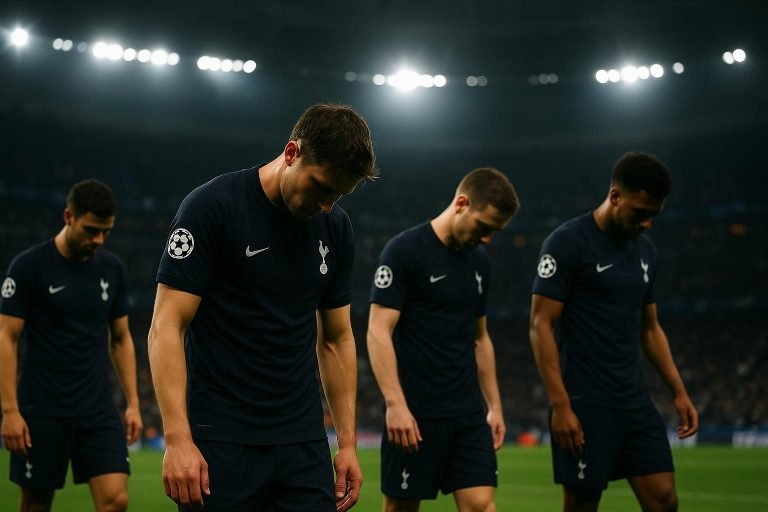 Spelers van Tottenham Hotspur druipen ontgoocheld af in een stadionomgeving bij avondlicht.