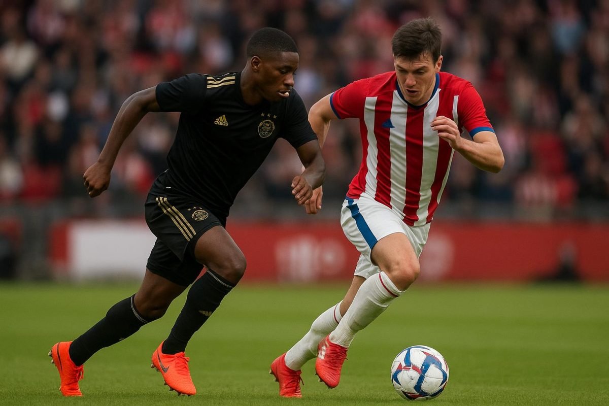 Mika Godts van Ajax in actie tijdens een uitmatch, in volle loopduel