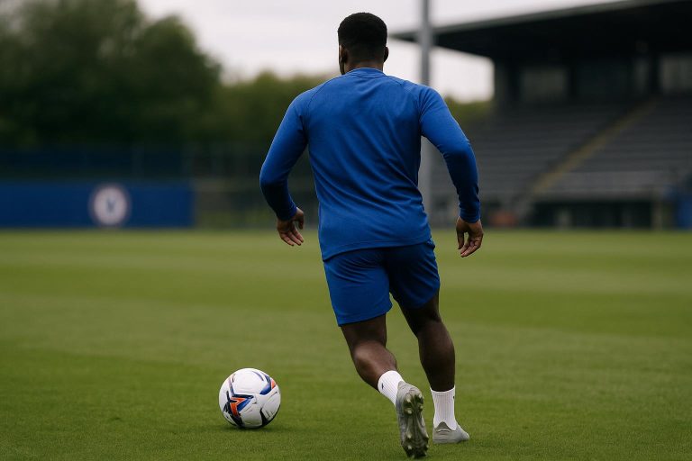 Roméo Lavia op het trainingsveld van Chelsea.