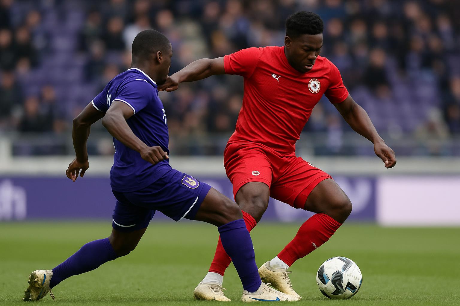 Spelers van RSC Anderlecht in een stevig duel op het middenveld tijdens een wedstrijd.