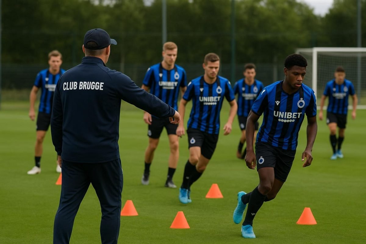 Spelers van Club Brugge werken aan defensieve organisatie op training
