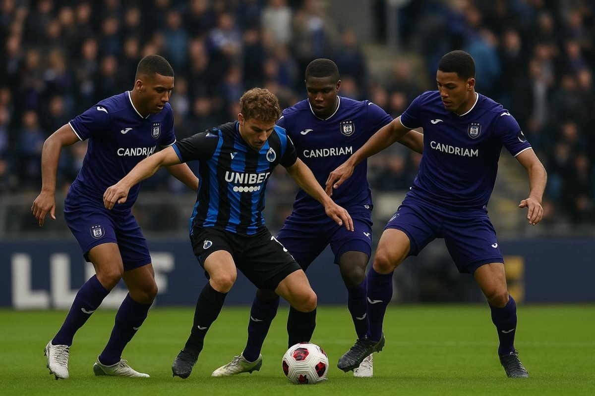 Wedstrijdbeeld van Anderlecht tegen Club Brugge met duel op het middenveld