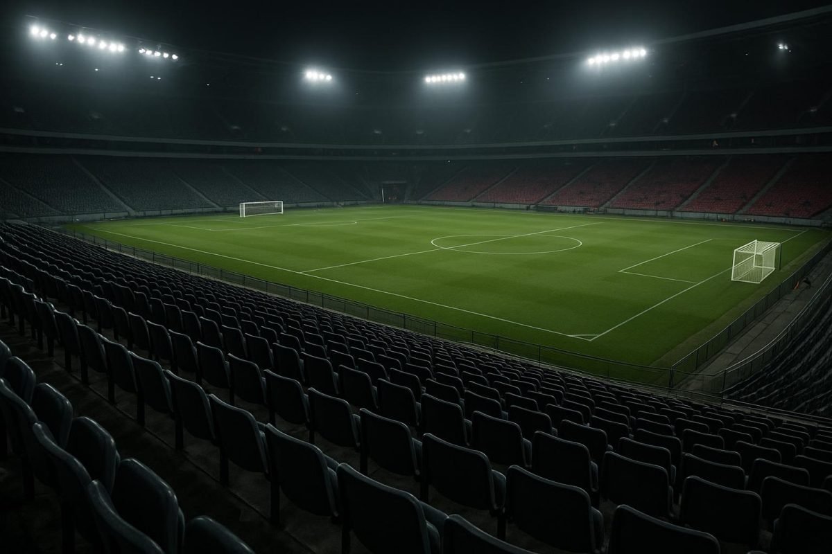 Sfeerbeeld van een WK-stadion tijdens een internationaal toernooi, zonder herkenbare gezichten.