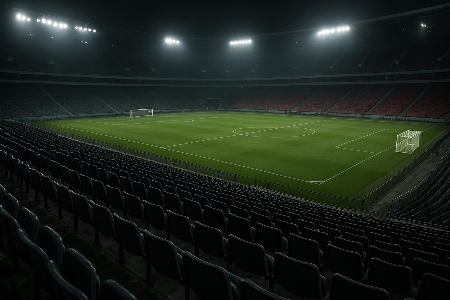 Sfeerbeeld van een WK-stadion tijdens een internationaal toernooi, zonder herkenbare gezichten.