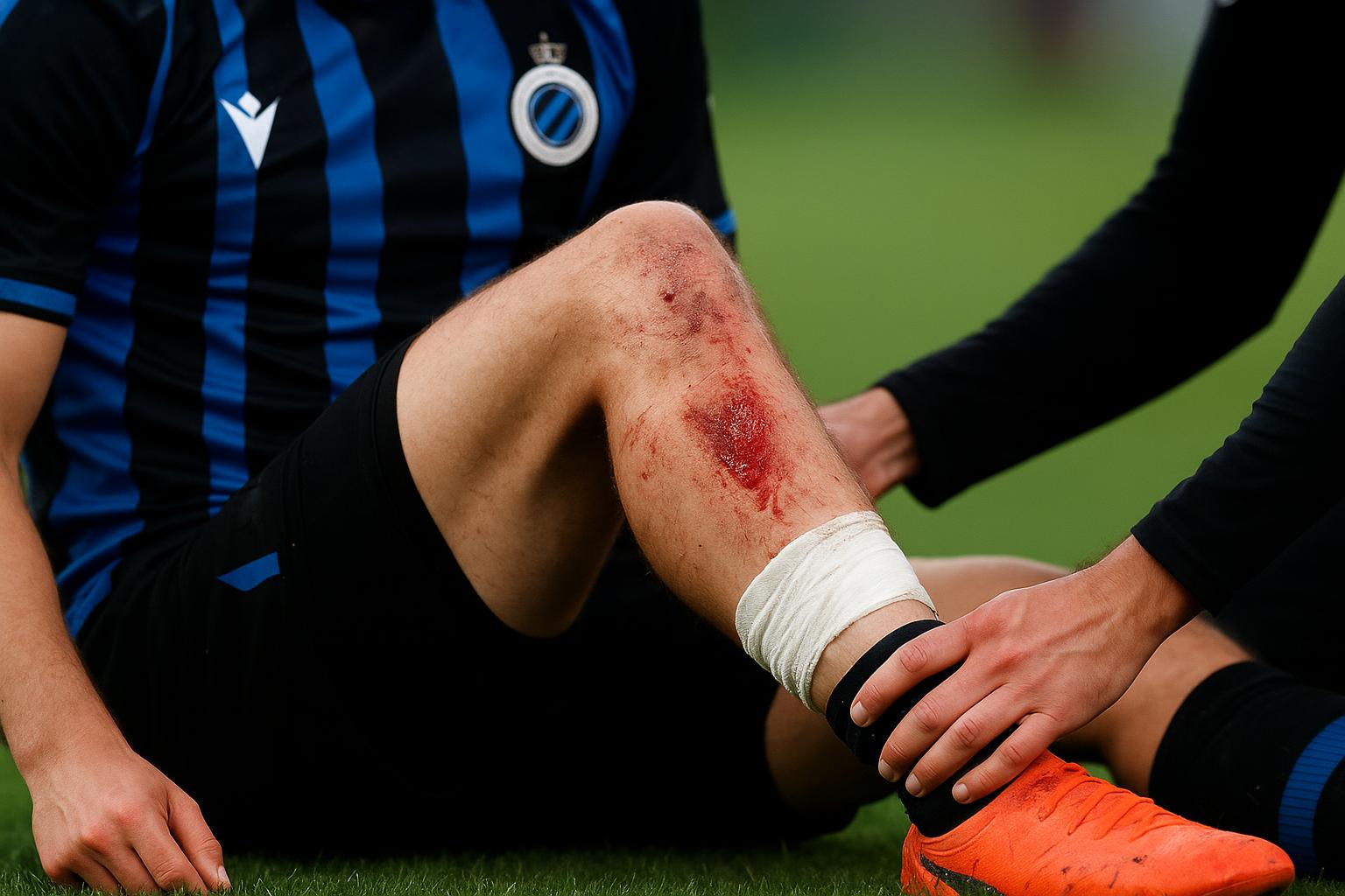 Christos Tzolis van Club Brugge toont na de match de zichtbare schade aan zijn been