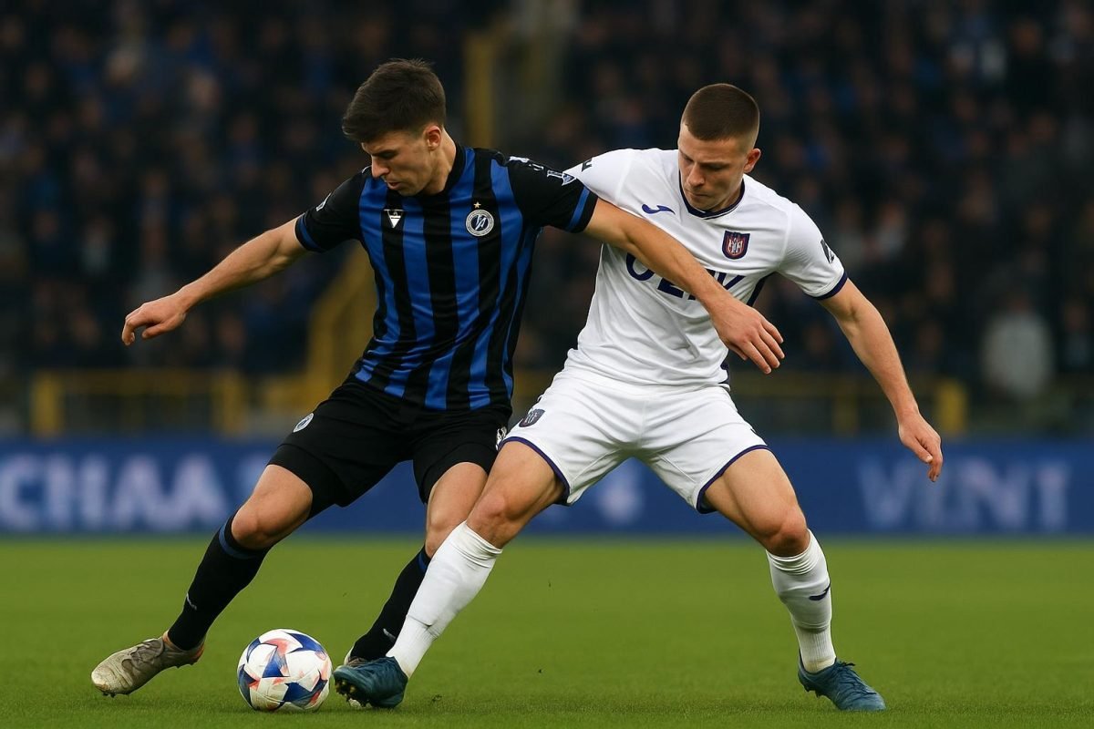 Spelers van RSC Anderlecht in duel tijdens de wedstrijd tegen Club Brugge