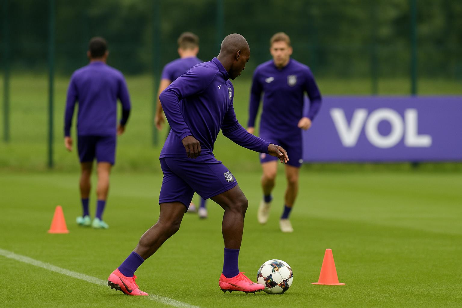Trainingssituatie bij RSC Anderlecht met spelers op de achtergrond zonder herkenbare gezichten.
