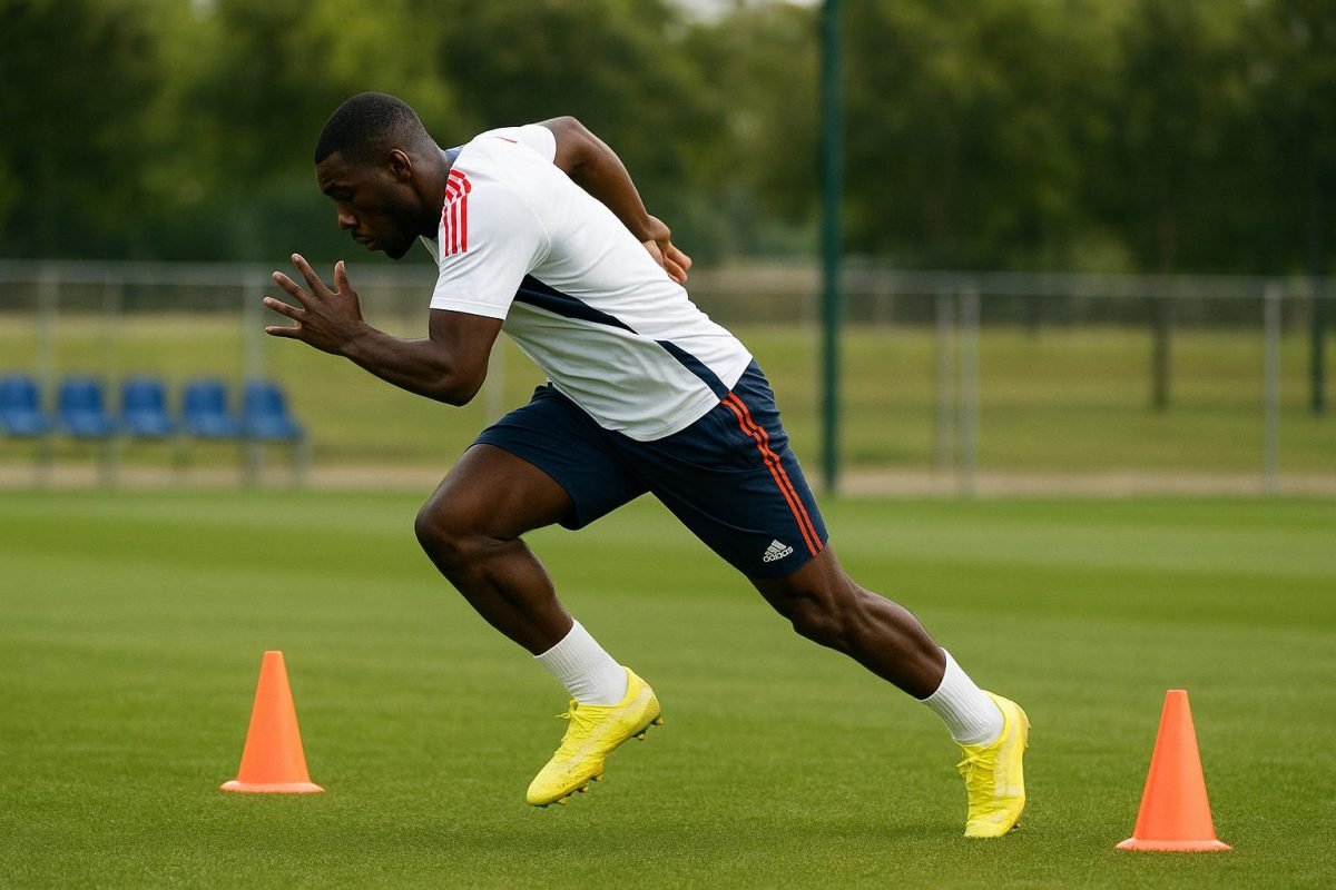 Roman Yaremchuk in trainingscontext bij Olympique Lyon, gefotografeerd zonder herkenbare gezichten.