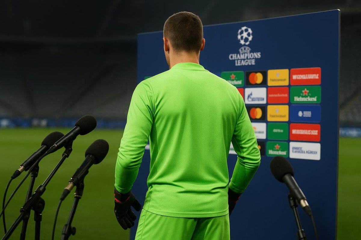 Sfeerbeeld in het Santiago Bernabéu met focus op een doelman tijdens de opwarming voor Real Madrid-Manchester City.