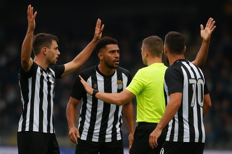 Spelers van Sporting Charleroi protesteren bij de scheidsrechter tijdens het duel met Club Brugge.