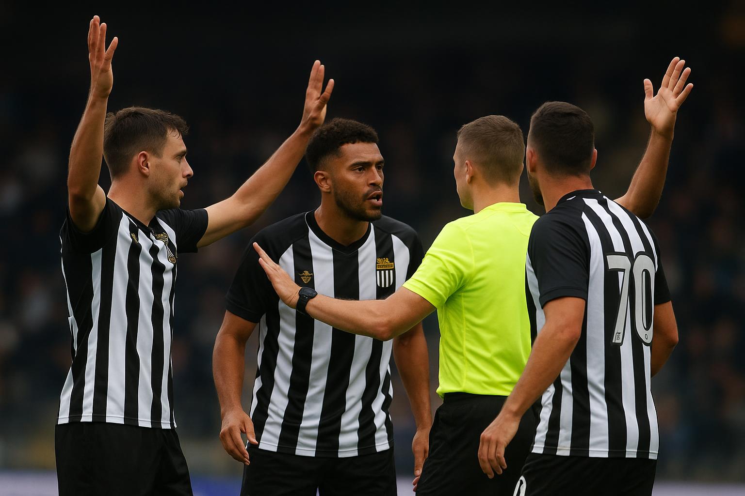 Spelers van Sporting Charleroi protesteren bij de scheidsrechter tijdens het duel met Club Brugge.