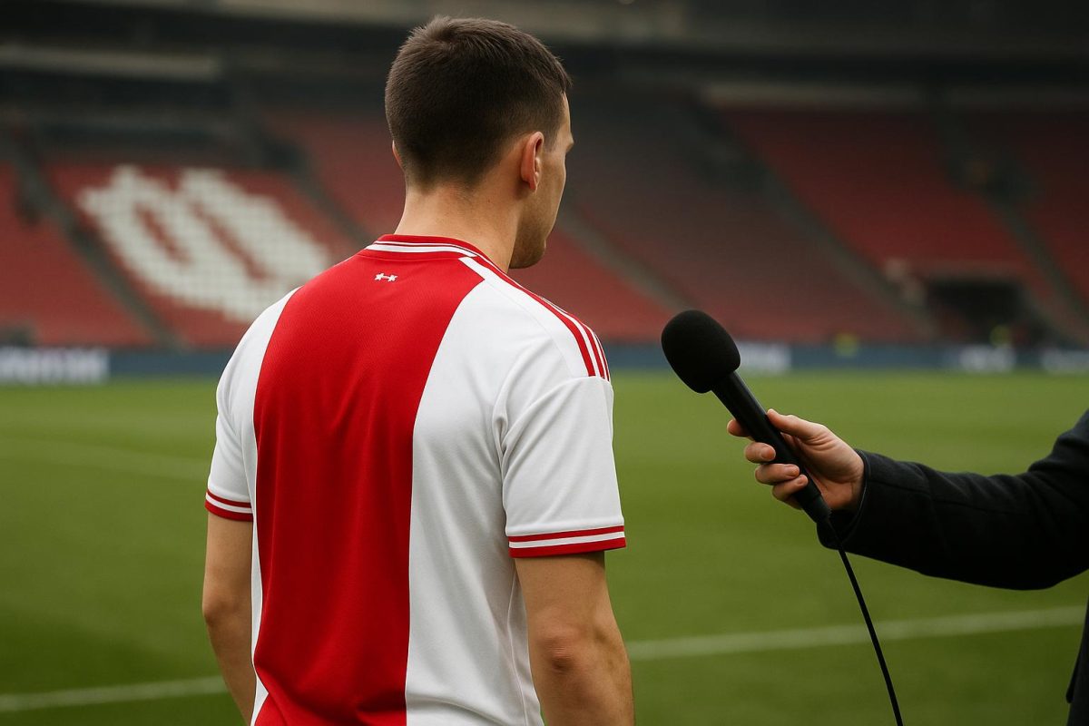 Mika Godts van Ajax in een stadionomgeving