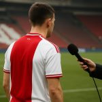 Mika Godts van Ajax in een stadionomgeving