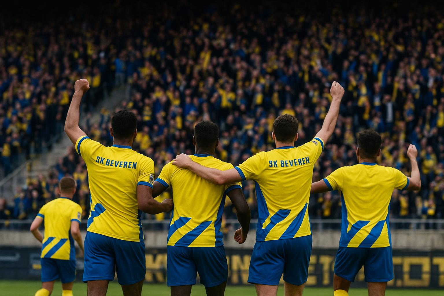 Spelers van SK Beveren vieren de titel op de Freethiel na de zege tegen RWDM