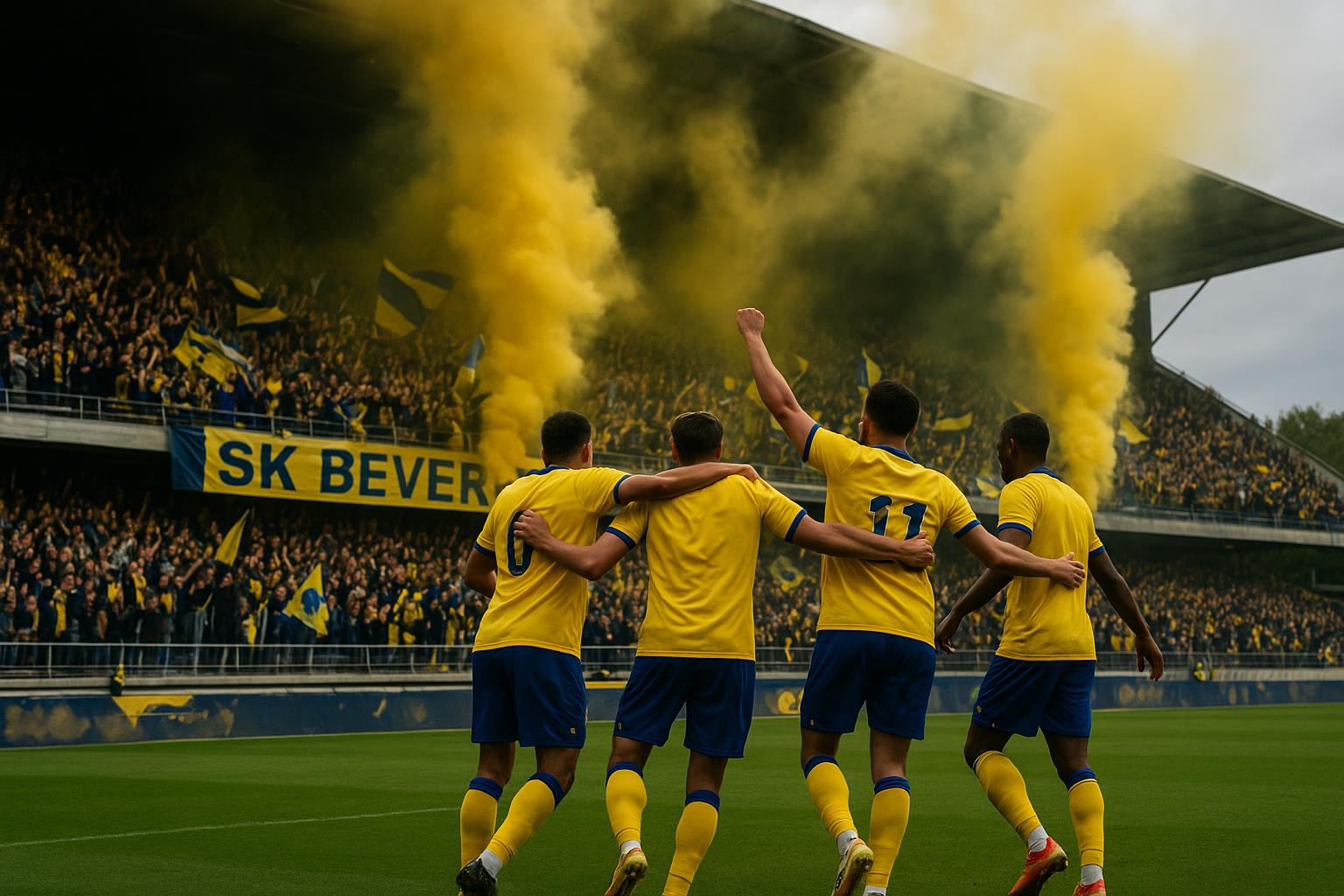 Sfeerbeeld in het Freethielstadion tijdens de titelviering van SK Beveren in de Challenger Pro League