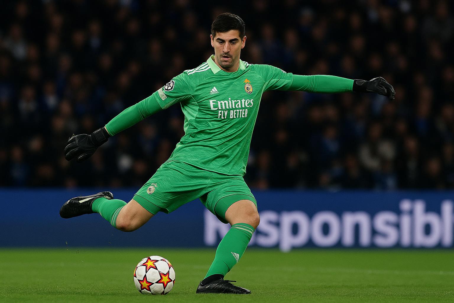 Thibaut Courtois verstuurt een lange bal voor Real Madrid in het duel met Manchester City.