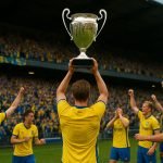 Spelers van SK Beveren vieren met de trofee op de Freethiel na de titel in de Challenger Pro League