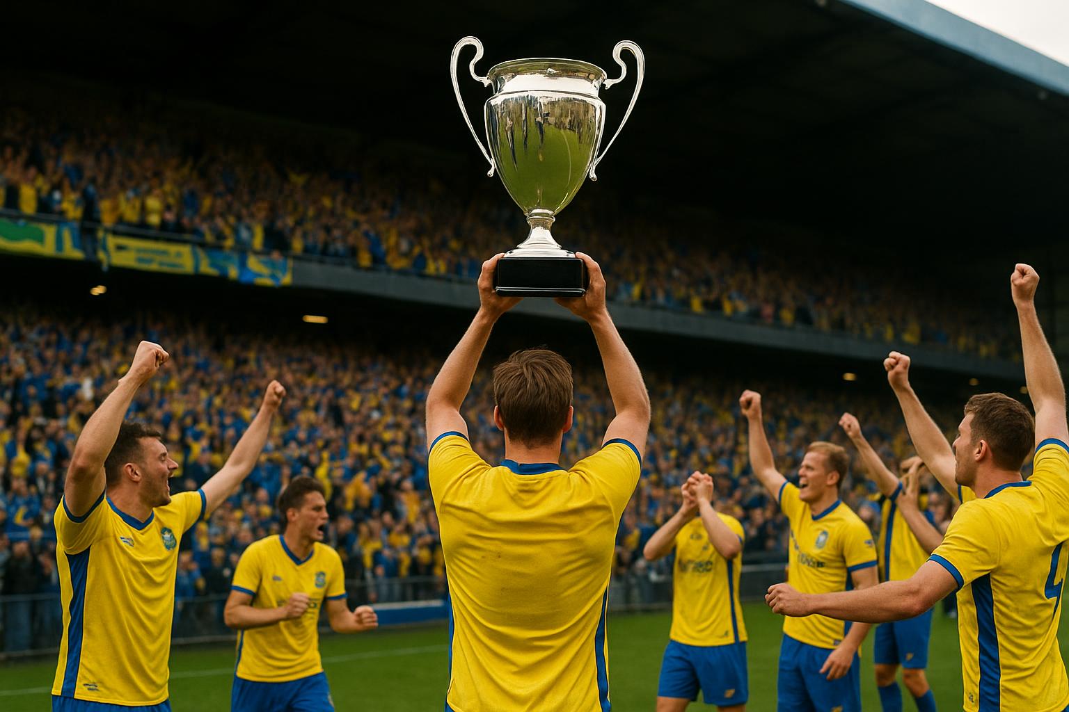 Spelers van SK Beveren vieren met de trofee op de Freethiel na de titel in de Challenger Pro League