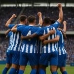 Spelers van KAA Gent vieren samen na een wedstrijd in het stadion