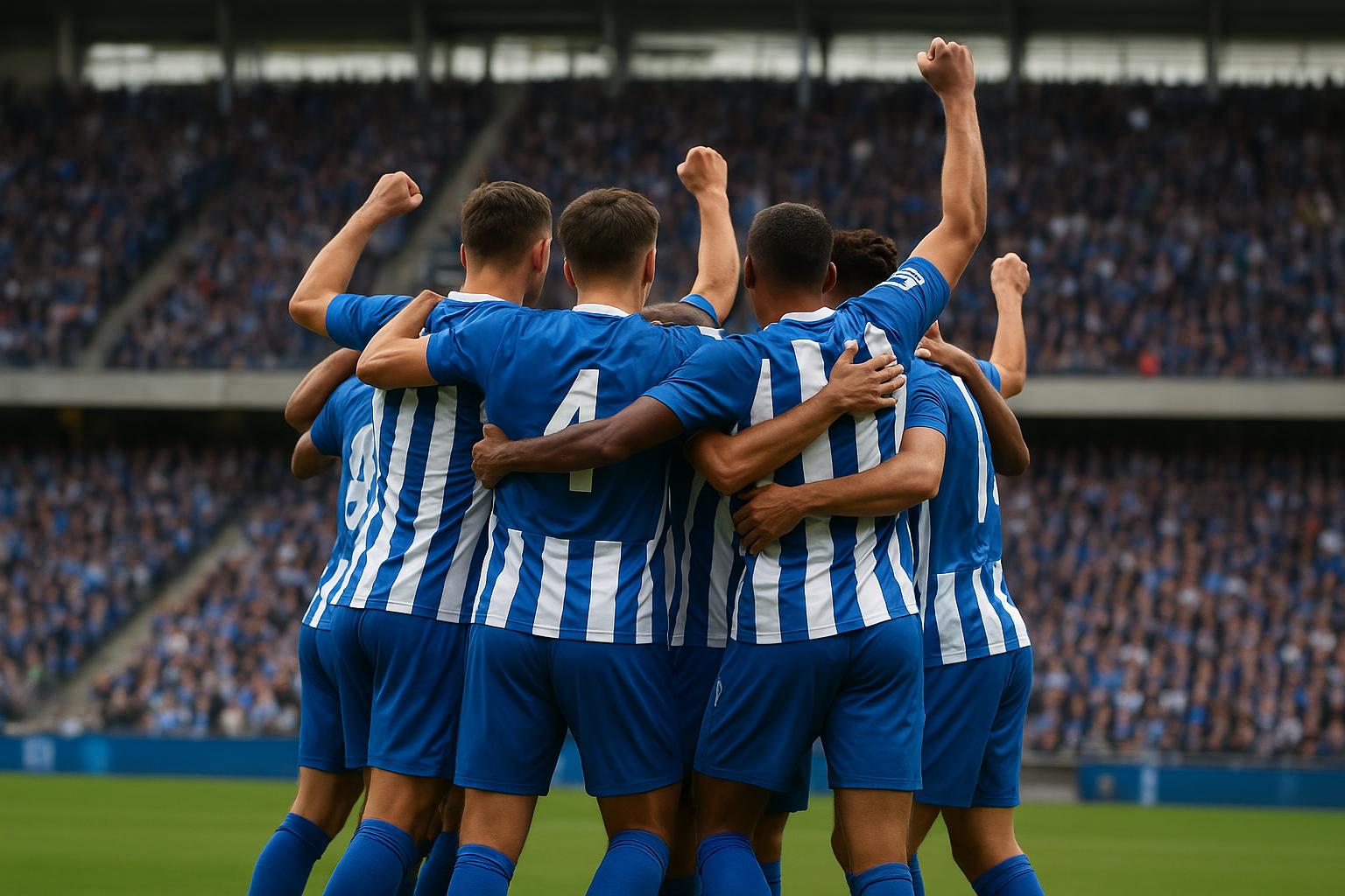 Spelers van KAA Gent vieren samen na een wedstrijd in het stadion