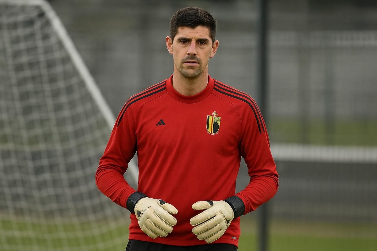 Thibaut Courtois op training, met keepershandschoenen en doel op de achtergrond