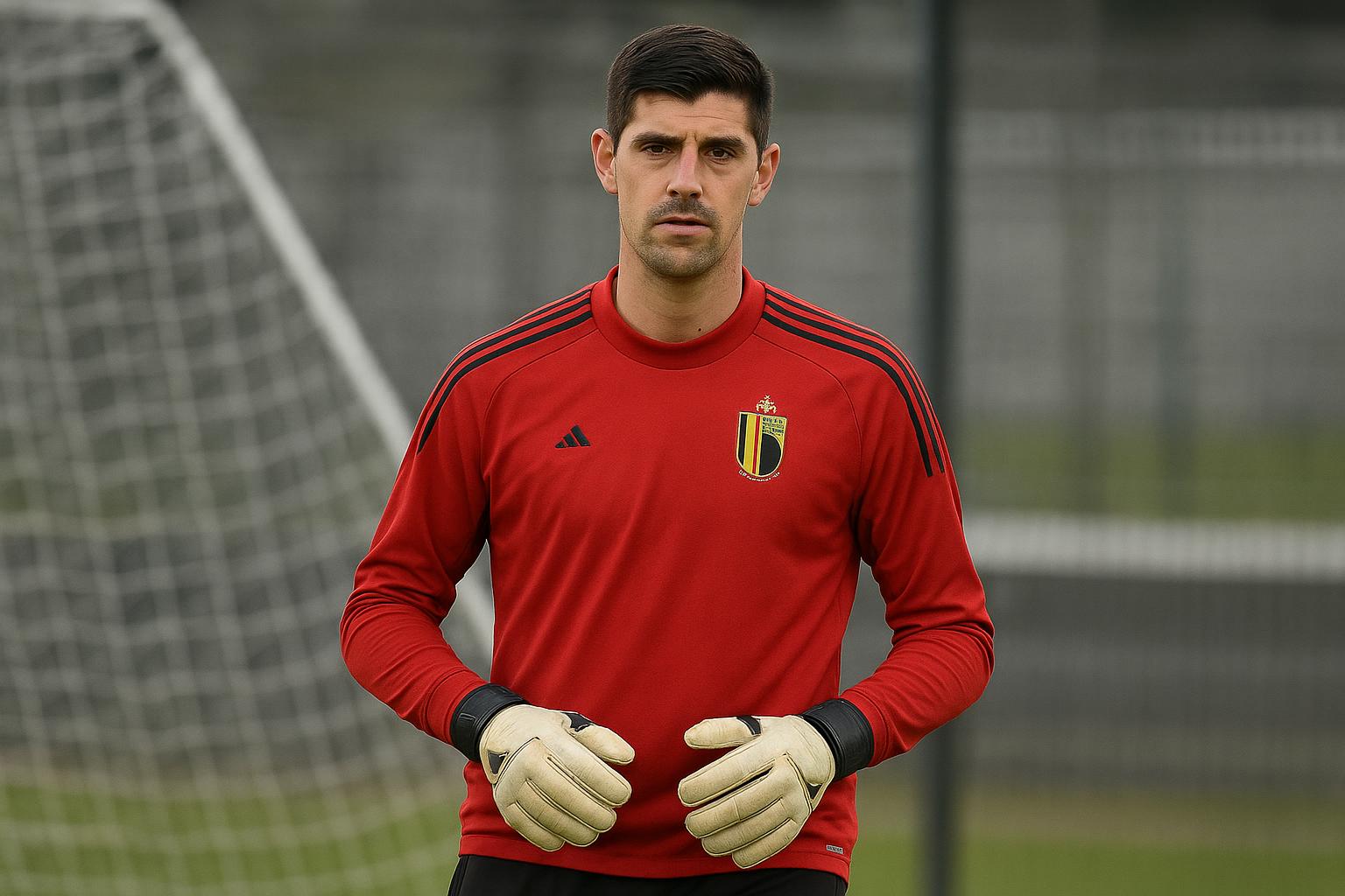 Thibaut Courtois op training, met keepershandschoenen en doel op de achtergrond