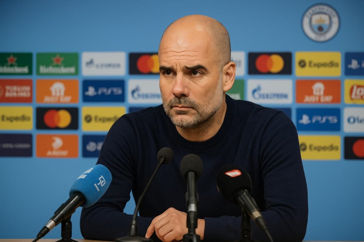 Pep Guardiola tijdens een persmoment na Real Madrid tegen Manchester City