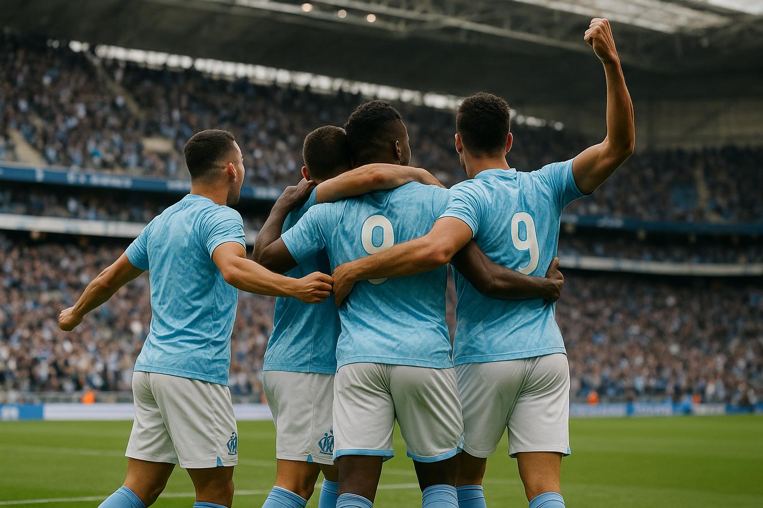 Spelers van Olympique Marseille vieren in het Vélodrome na een late goal tegen Olympique Lyon.