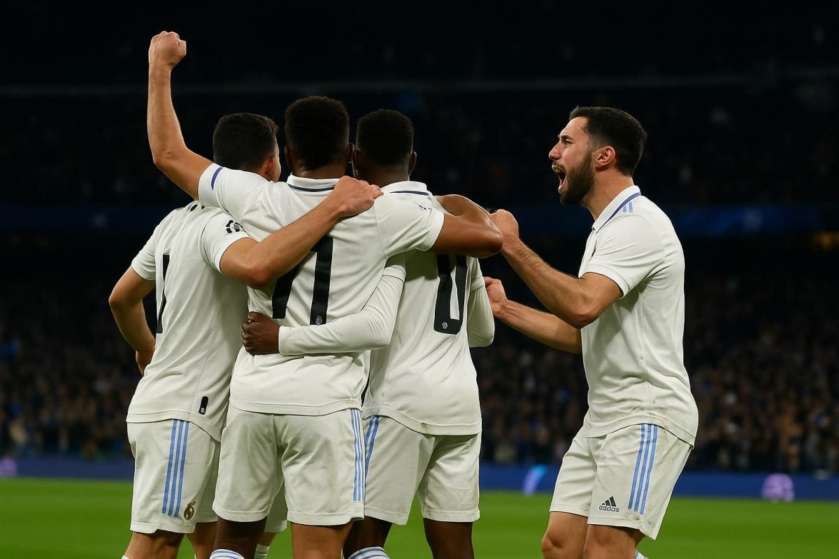 Spelers van Real Madrid vieren een doelpunt in een Champions League-wedstrijd, met onherkenbare gezichten.