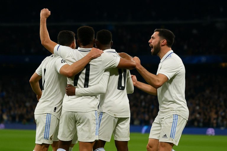 Spelers van Real Madrid vieren een doelpunt in een Champions League-wedstrijd, met onherkenbare gezichten.