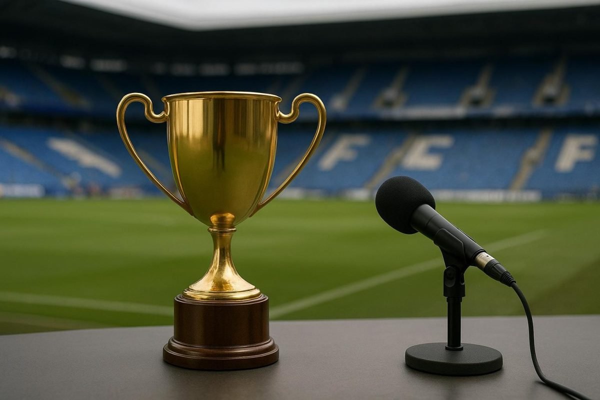 Een trofee op een tafel in een Belgische voetbalcontext, zonder herkenbare gezichten