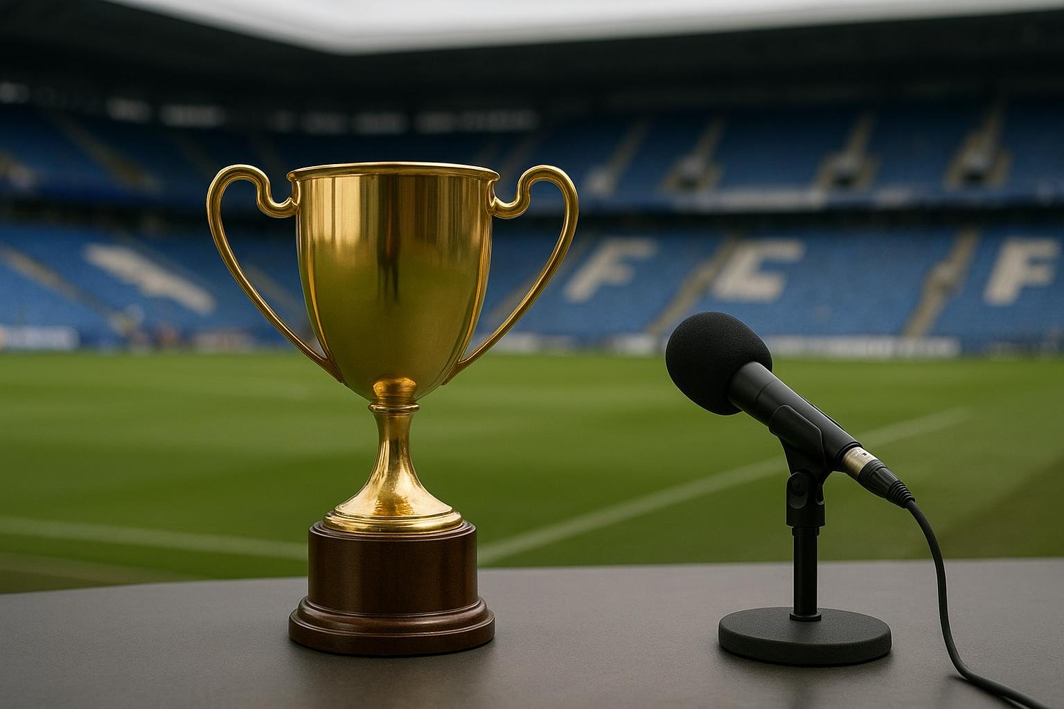 Een trofee op een tafel in een Belgische voetbalcontext, zonder herkenbare gezichten