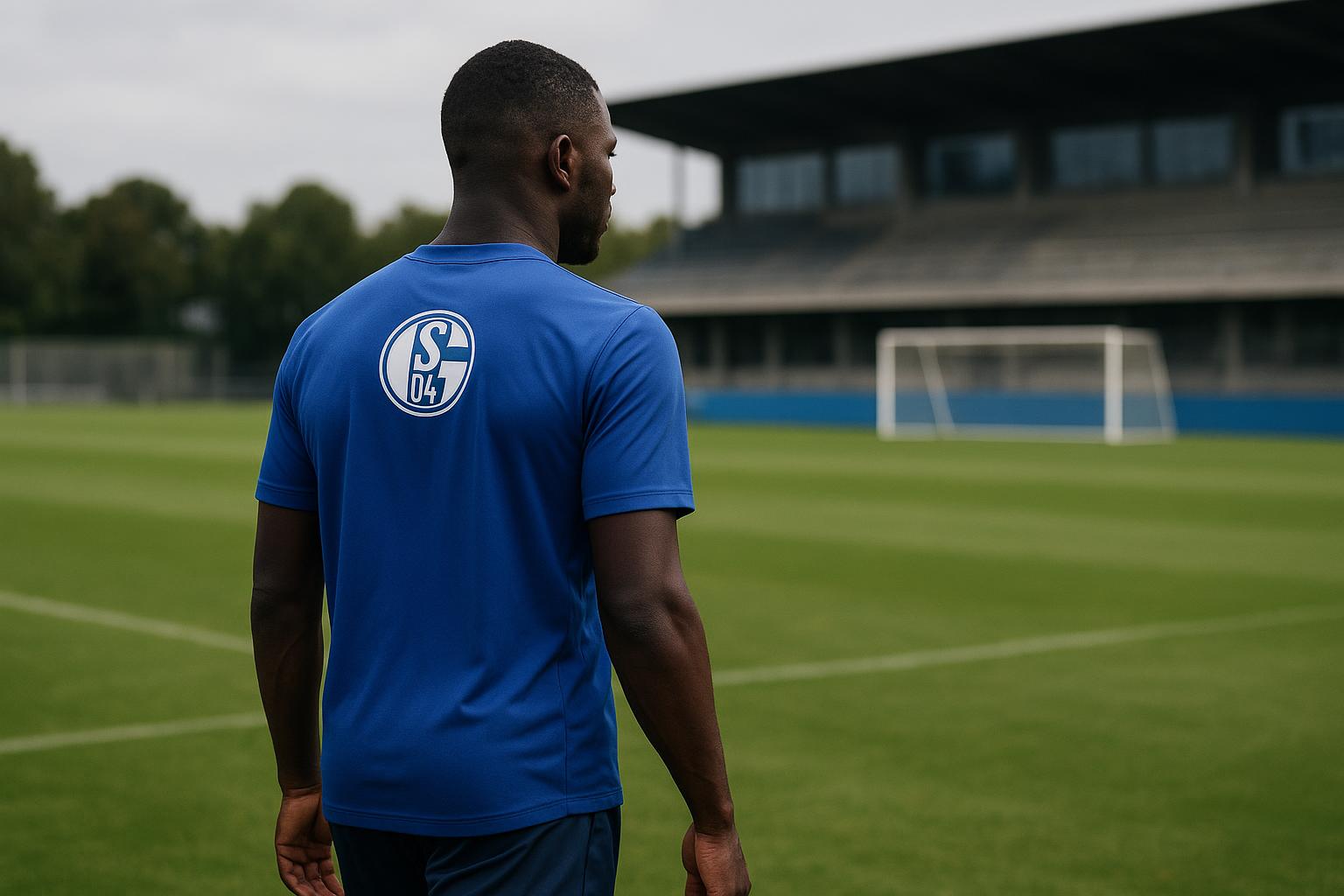 Moussa Ndiaye in Schalke 04-trainingskledij tijdens een oefensessie