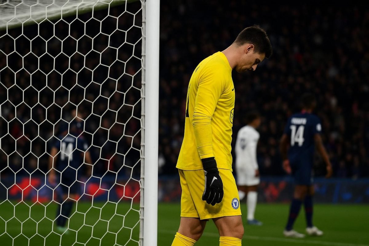 Chelsea-doelman Filip Jörgensen in het Parc des Princes na de nederlaag tegen PSG