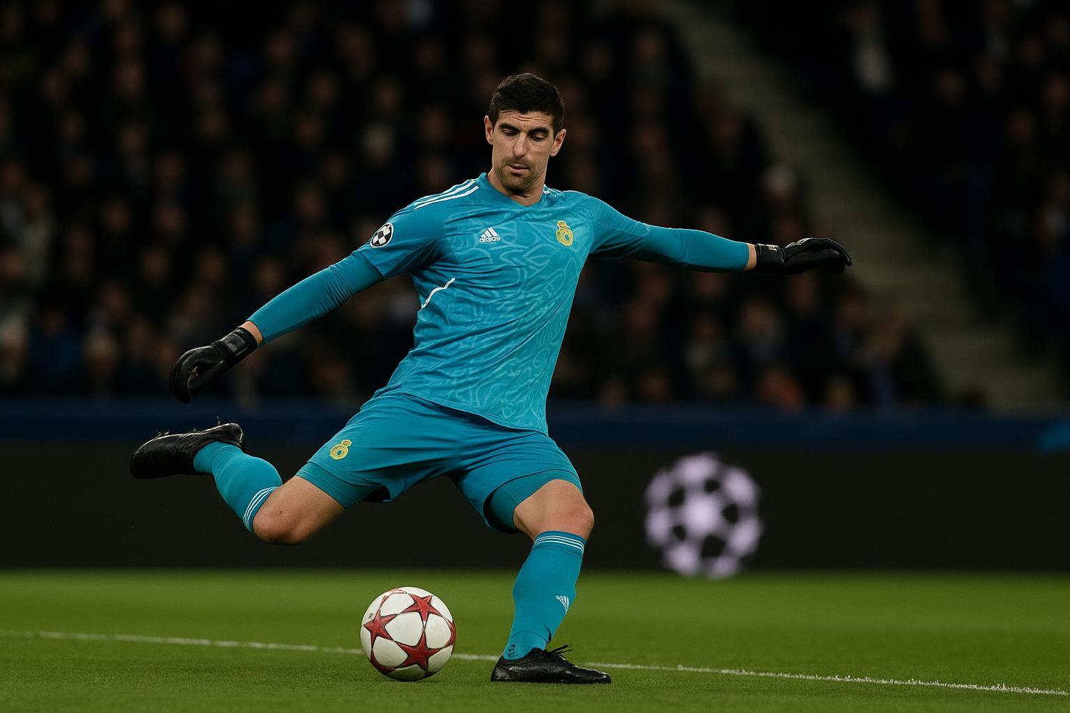 Thibaut Courtois van Real Madrid trapt de bal lang uit tijdens een Champions League-wedstrijd