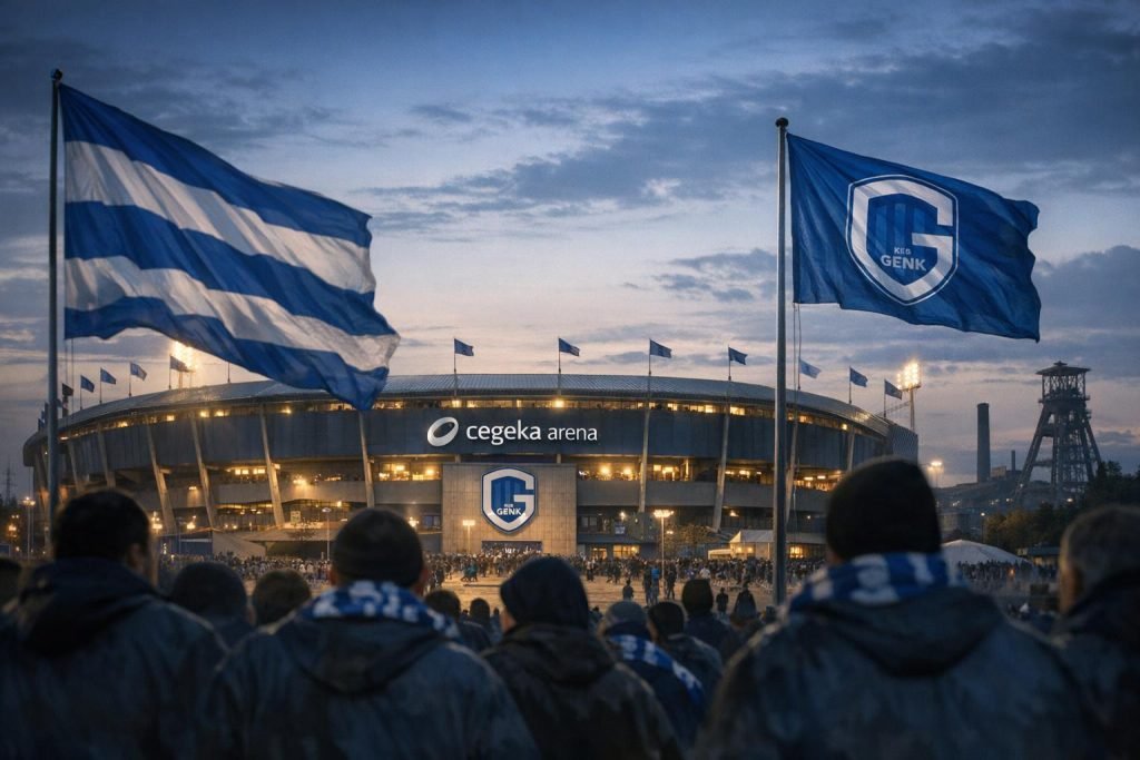 krc-genk-mijnwerkerswortels-fusieclub-moderne-belgische-motor Sfeerbeeld van de Cegeka Arena in Genk met blauw-witte clubkleuren