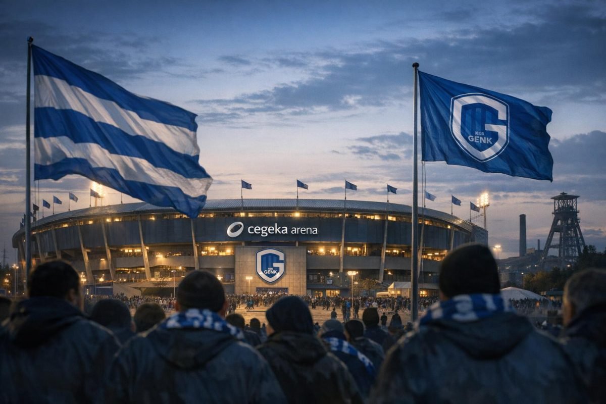 Sfeerbeeld van de Cegeka Arena in Genk met blauw-witte clubkleuren