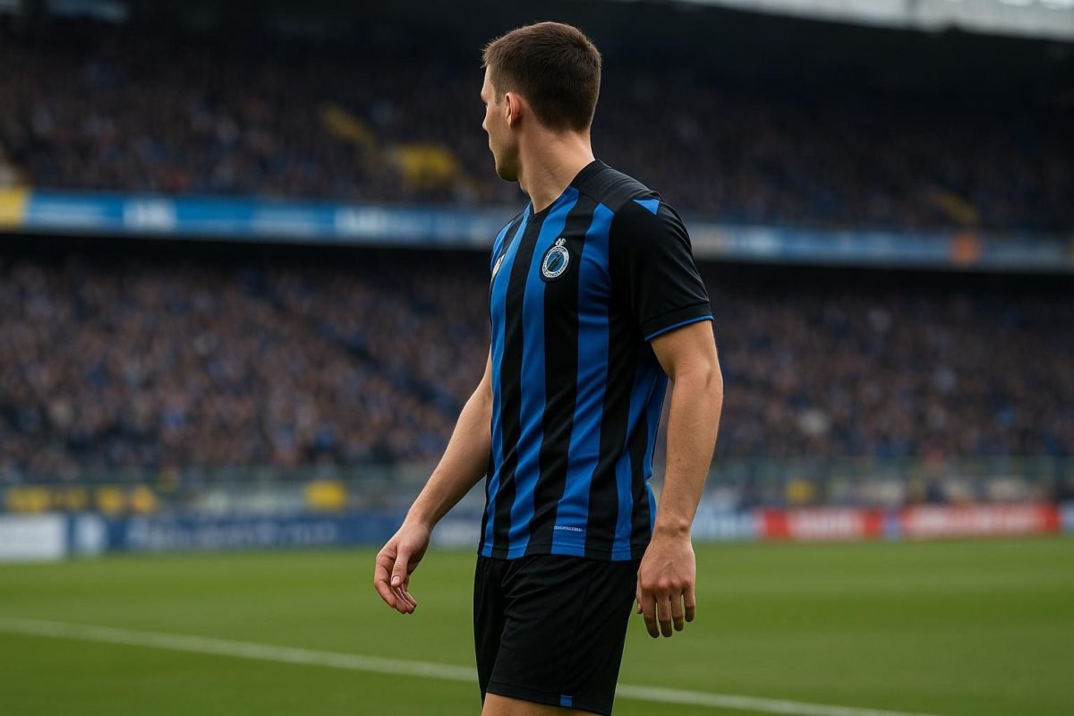 Sfeerbeeld van een centrale verdediger van Club Brugge tijdens een wedstrijd, met focus op een mogelijk transferdossier