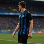 Sfeerbeeld van een centrale verdediger van Club Brugge tijdens een wedstrijd, met focus op een mogelijk transferdossier