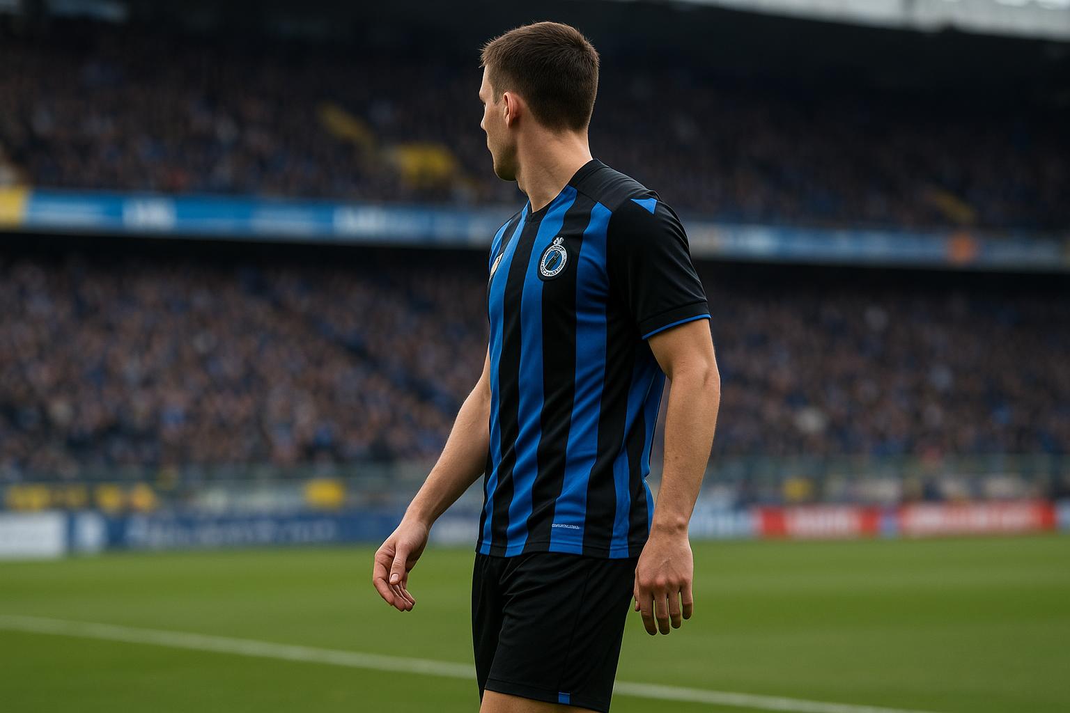 Sfeerbeeld van een centrale verdediger van Club Brugge tijdens een wedstrijd, met focus op een mogelijk transferdossier